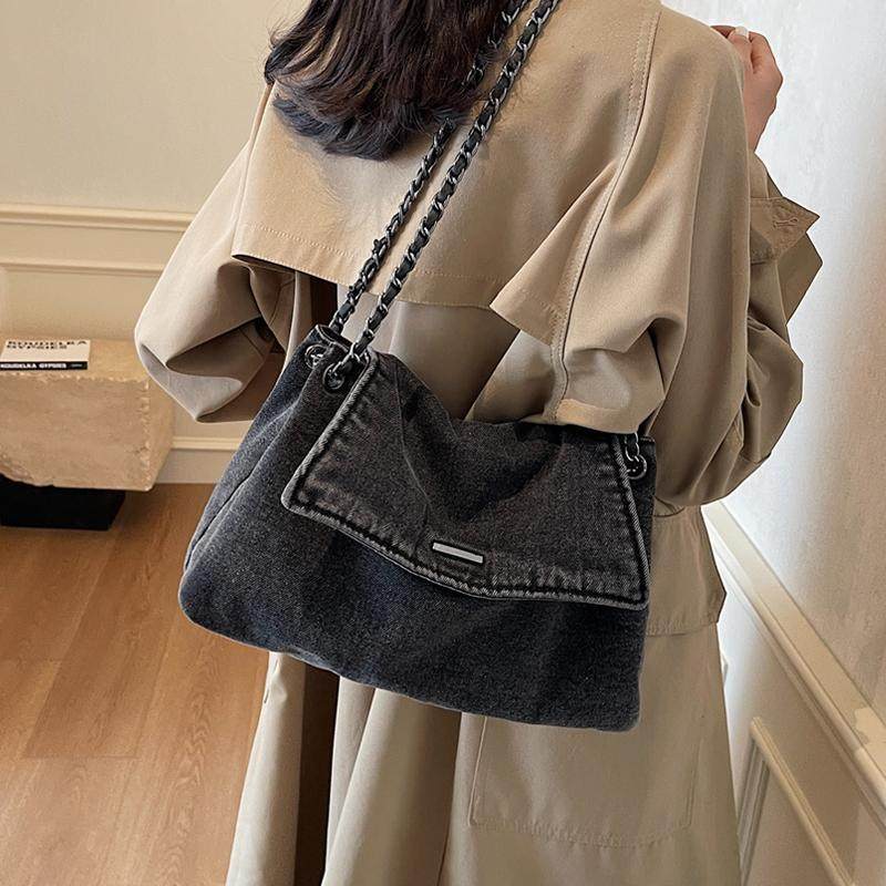 牛仔布包包女式2024新款潮链条单肩包大容量学生上课休闲包,淘宝优惠券,粉丝福利购,淘宝优惠卷