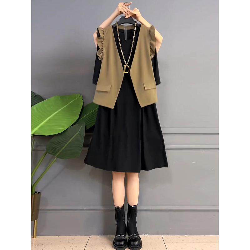 木耳边美背马甲两件套胖mm夏季新款大码马夹套装潮,淘宝优惠券,粉丝福利购,淘宝优惠卷