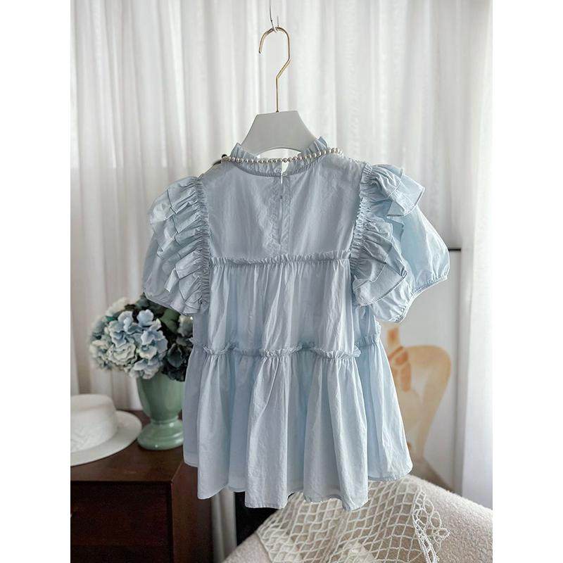 2024新款时尚女夏季设计感圆领木耳边拼接纯色宽松衬衫娃娃衫,淘宝优惠券,粉丝福利购,淘宝优惠卷