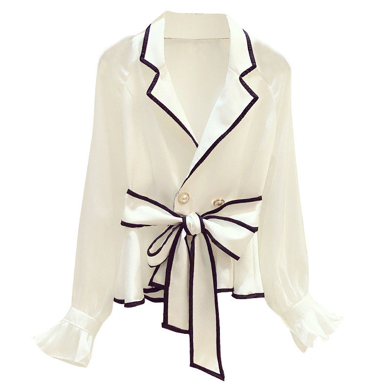 2025春秋新款韩版气质喇叭袖双排扣系带收腰领衬衫女显瘦衬衣,淘宝优惠券,粉丝福利购,淘宝优惠卷