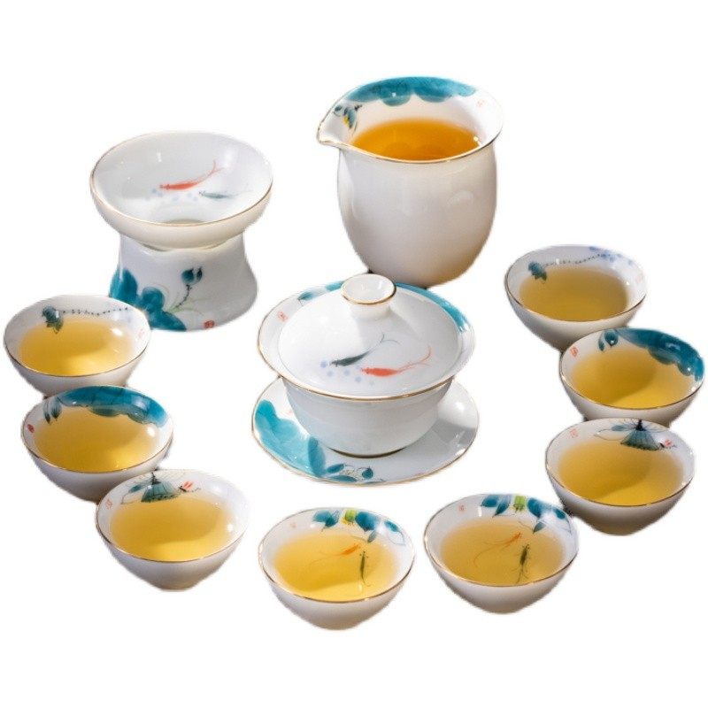 手绘羊脂玉瓷功夫茶具套装盖碗茶杯中式过滤茶壶套装茶具礼品,淘宝优惠券,粉丝福利购,淘宝优惠卷
