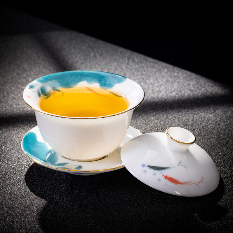 手绘羊脂玉瓷功夫茶具套装盖碗茶杯中式过滤茶壶套装茶具礼品,淘宝优惠券,粉丝福利购,淘宝优惠卷