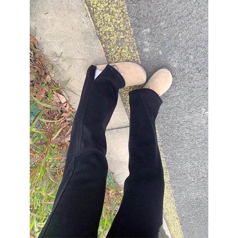 黑色微喇开叉女秋冬加绒胖妹妹mm梨形身材显瘦直筒长裤,淘宝优惠券,粉丝福利购,淘宝优惠卷