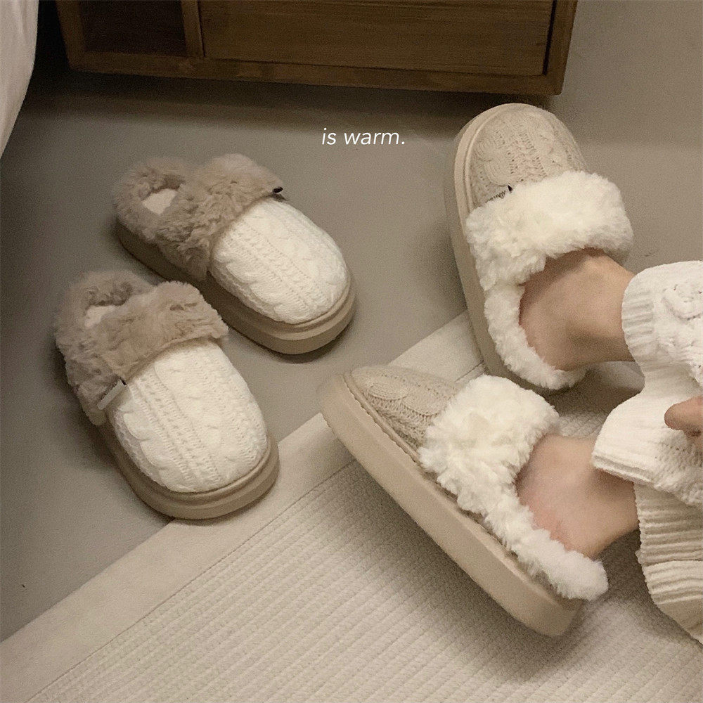 细细条 毛线麻花棉拖鞋保暖毛绒冬季休闲女士厚底居家鞋,淘宝优惠券,粉丝福利购,淘宝优惠卷