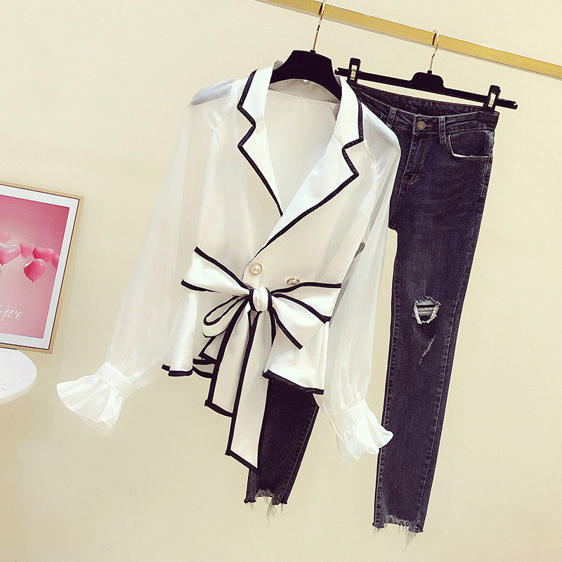 2025春秋新款韩版气质喇叭袖双排扣系带收腰领衬衫女显瘦衬衣,淘宝优惠券,粉丝福利购,淘宝优惠卷