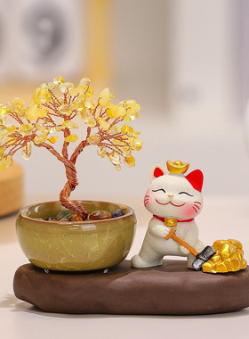 抱金砖招财猫水晶发财树工位摆件
