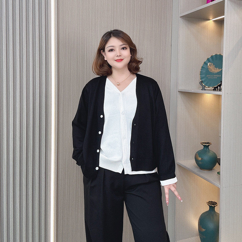 基础百搭拼接假两件开衫女大码胖mm宽松显瘦休闲V领毛衣,淘宝优惠券,粉丝福利购,淘宝优惠卷