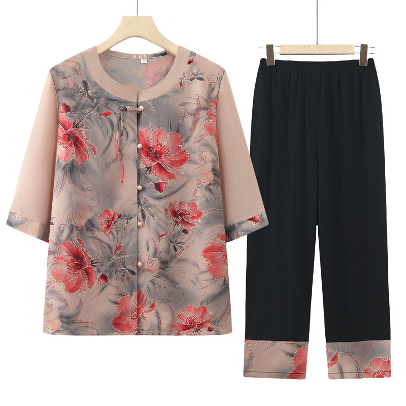 奶奶装夏季衬衫女中老年人妈妈夏装七分袖薄款雪纺小衫老太太套装,淘宝优惠券,粉丝福利购,淘宝优惠卷