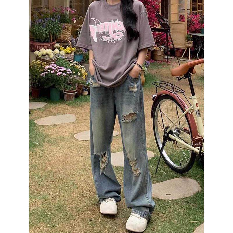 美式破洞女直筒大码胖mm梨型身材设计感显瘦阔腿裤,淘宝优惠券,粉丝福利购,淘宝优惠卷