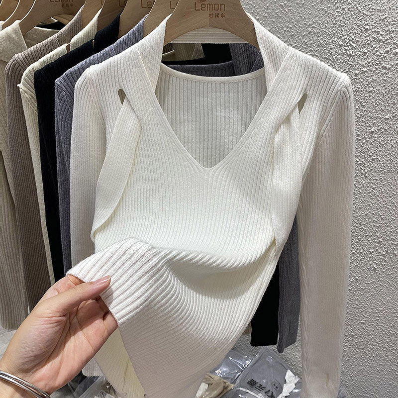 2022衫女设计感小众加厚内搭挂脖V领秋冬毛衣打底衫,淘宝优惠券,粉丝福利购,淘宝优惠卷