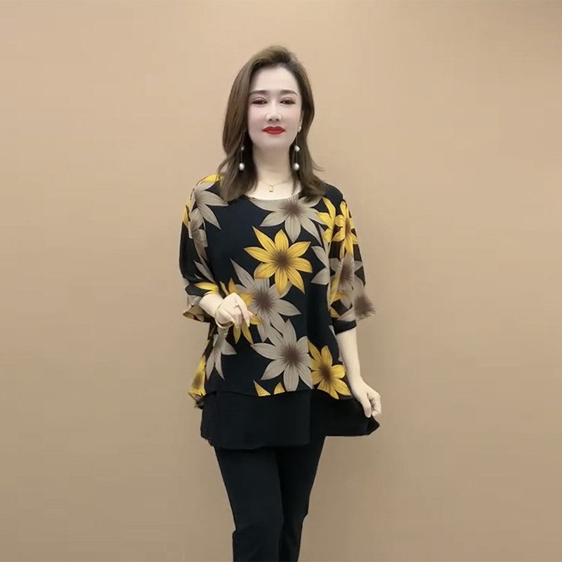 雪纺衬衫女2024夏季新款时尚气质印花大码遮肚子显瘦七分袖女,淘宝优惠券,粉丝福利购,淘宝优惠卷