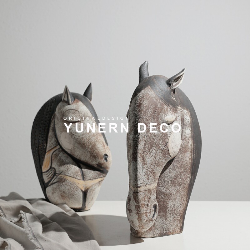 侘寂风玄关电视柜陶瓷雕塑手绘马头家居软装饰品动物工艺礼品摆饰,淘宝优惠券,粉丝福利购,淘宝优惠卷