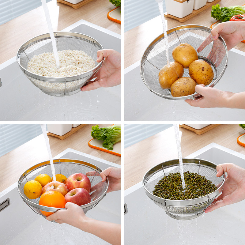 加厚细网不锈钢漏盆淘米筛淘米盆圆形沥水盆大号漏盆洗菜盆水果篮,淘宝优惠券,粉丝福利购,淘宝优惠卷