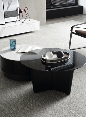 岩板圆形旋转茶几钢化玻璃组合简约现代小户型拉伸圆茶桌客厅家用