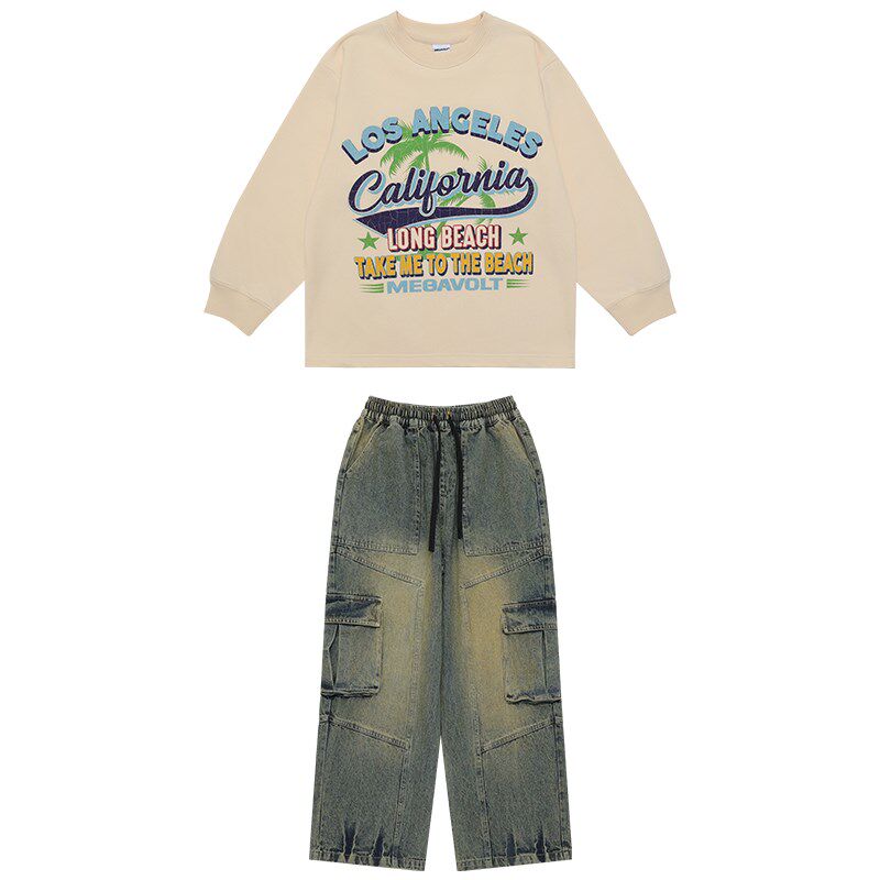 MEGAVOLT男童嘻哈复古长袖卫衣儿童洗水牛仔裤套装hiphop街舞穿搭,淘宝优惠券,粉丝福利购,淘宝优惠卷