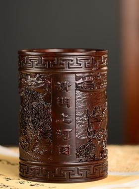 黑檀木雕清明上河图笔筒工艺品办公室家居客厅木质笔筒摆件送礼