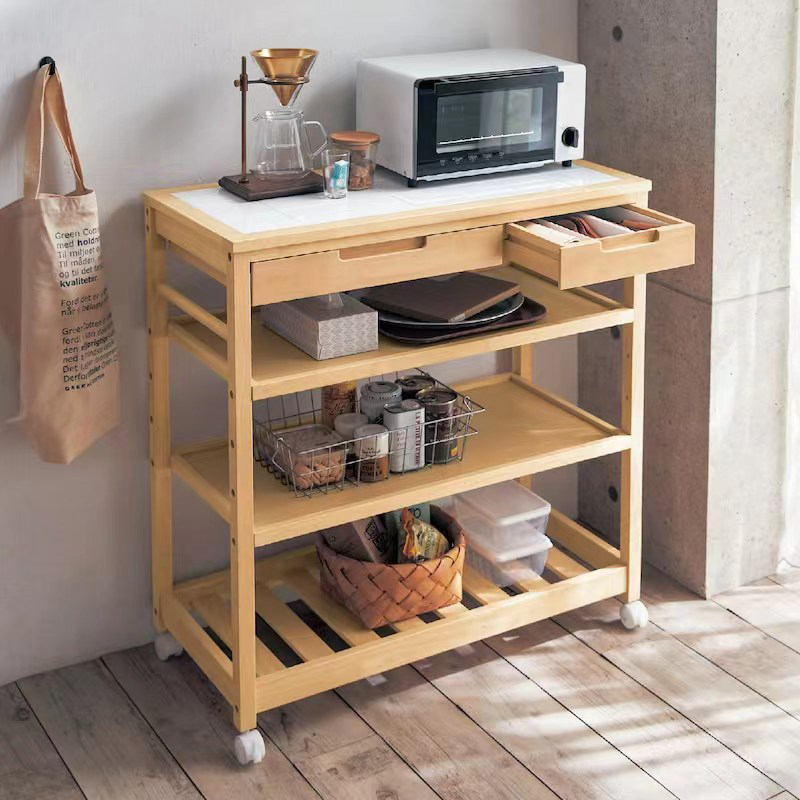 日式实木推车带轮移动多层沙发边几厨房收纳架客厅餐车落地置物架 - 图0