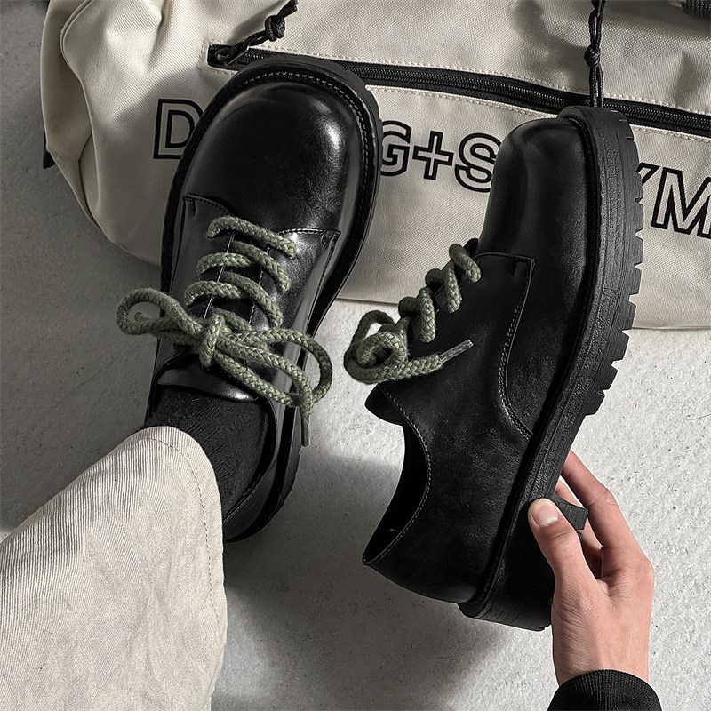 黑色德训鞋大头德比鞋男款休闲皮鞋英伦风厚底增高通勤圆头男鞋 - 图1