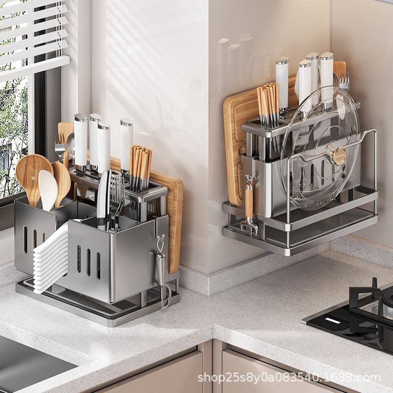 新款多功能刀架筷子收纳盒一体收纳架厨房置物架台面壁挂式砧板架 - 图1