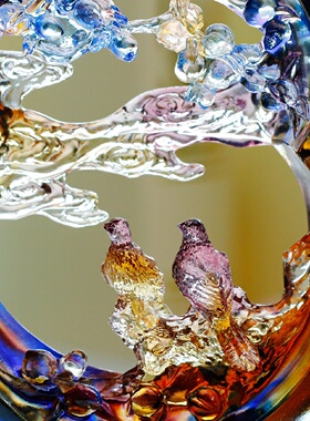 中式风格红色琉璃喜鹊结婚摆件花好月圆婚礼装饰可客制化高档琉璃