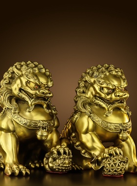 铜狮子摆件一对纯黄铜小号狮子客厅办公室玄关家居饰品乔迁礼品