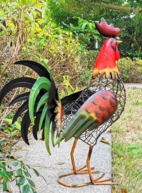 欧美热销田园写实户外园林装饰落地摆件铁艺动物工艺品铁线公鸡