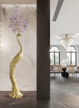 紫水晶黄铜孔雀摆件玄关客厅电视柜沙发旁大型落地摆件高档艺术品