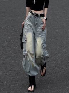 (in stock) american trendy brand multi-pocket workwear jeans for women 2026 summer new high-waisted loose straight fit