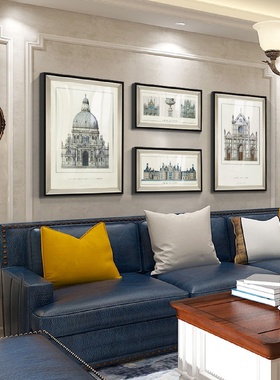 美式沙发背景墙装饰画客厅挂画餐厅轻奢壁画欧洲建筑墙面组合大气