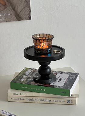 黑色复古木质香薰托盘摆件ins风玄关收纳盘置物盘圆形高脚展示盘