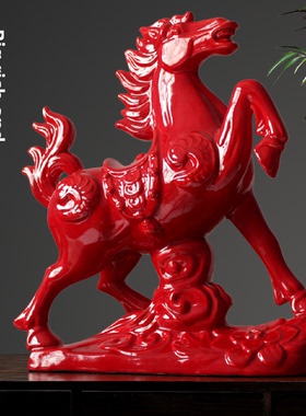 陶瓷马装饰品红色办公室客厅装饰品冯盛水气唐三彩大红马工艺品礼