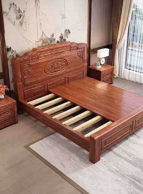 金花梨木床仿古雕花中式全实木大床1.8红木双人榫卯结构工厂直销