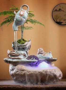 流水摆件陶瓷招财简约小号中式禅意茶桌茶台办公室桌面书房装饰品