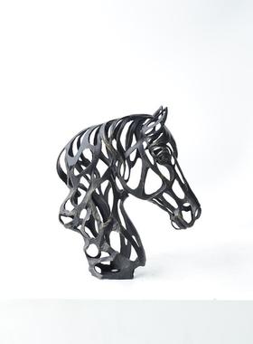 现代轻奢装饰铁艺马头摆件玄关酒柜金属动物组合样板房工艺摆设