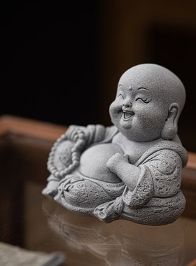 桌面鱼缸景观盆栽造景装饰品可爱弥勒佛小佛茶宠摆件家居青砂石