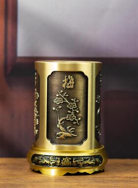 全笔铜筒黄铜中式古梅竹菊大号笔筒覆送礼礼品书桌铜笔mlzjbt兰筒