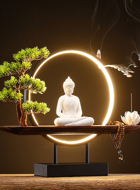 新中式禅意如来摆件家居客厅玄关桌面创意灯圈样板房软装饰品摆设