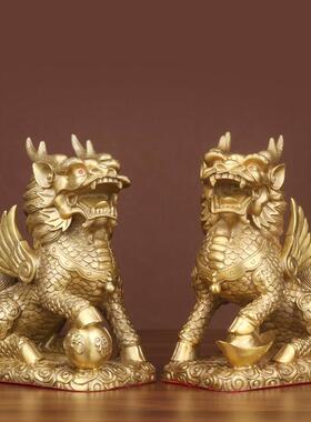 铜麒麟摆件一对纯铜麒麟踩八卦家居客厅办公室门口店铺装饰工艺品