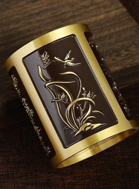 梅兰竹菊四君子黄铜笔筒书房桌面创意复古黄铜雕花笔筒摆件