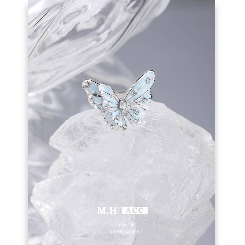 Original design blue butterfly ring, light luxury, fashionable and high-end ring, simple and versatile index finger ring for women