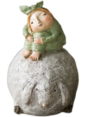 仿粗陶摆件 复古做旧可爱创意美式D乡村超萌女孩 骑绵羊的睡衣少