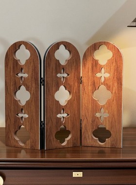 中古风桌面装饰品木纹三联小屏风电视柜复古摆件餐边柜创意摆台画