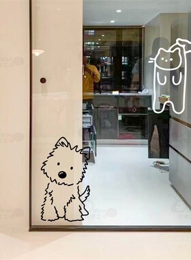 拎起小猫咪可爱动物狗有s趣创意墙贴纸店铺厨房推拉玻璃门高级防