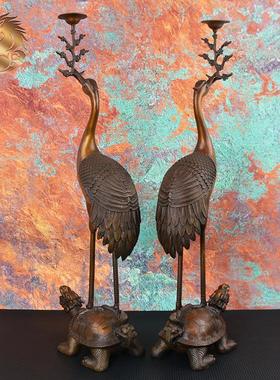 0宏达 全黄铜龟鹤延年铜蜡烛台仿古包浆祝寿铜器礼品摆件