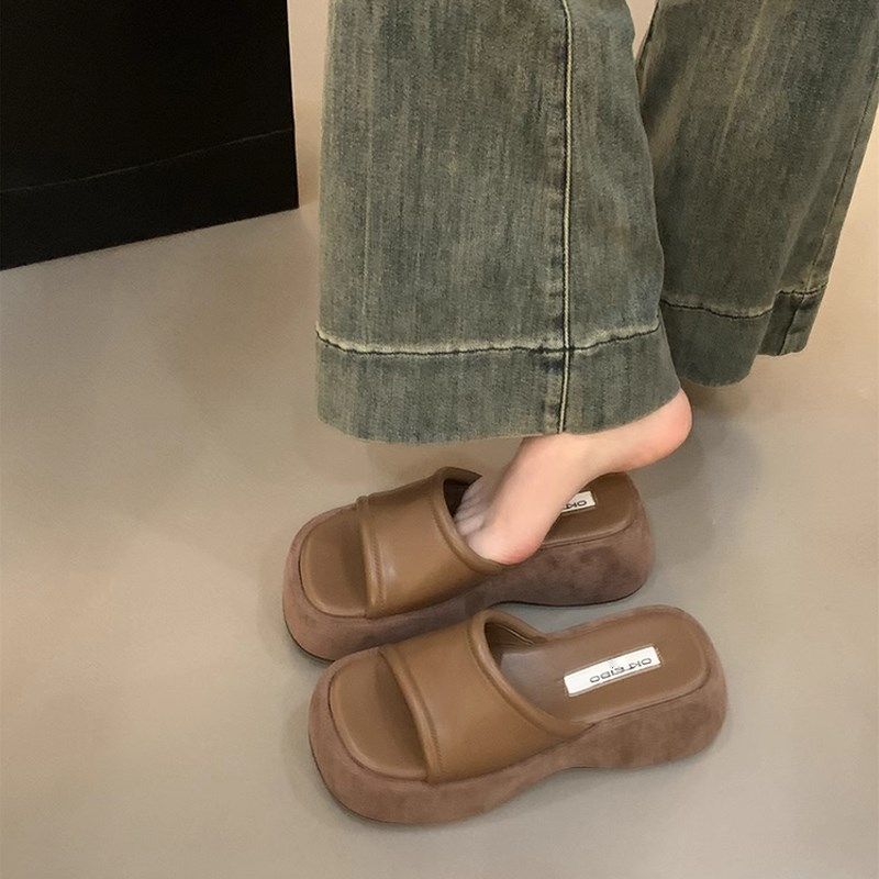 黑色松糕底小个子增高厚底凉拖鞋女外穿2025夏季凉鞋百搭一字拖鞋,淘宝优惠券,粉丝福利购,淘宝优惠卷