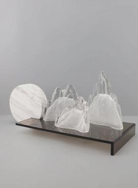 新中式样板房间客厅玄关柜酒店艺术品摆件大理石托盘假山软装饰品