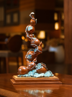 纯铜五福临门葫芦摆件中式客厅玄关办公室摆放桌面装饰品礼品