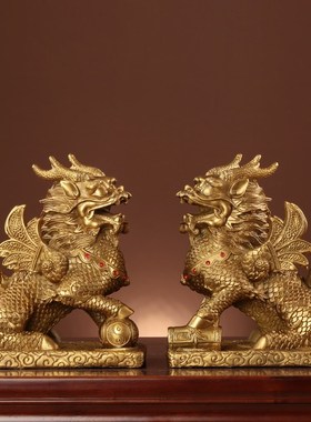 铜麒麟摆件一对纯黄铜踩八卦家用办公室桌工艺品店铺开业装饰礼品