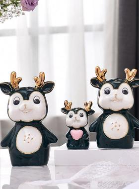 陶瓷梅花鹿麋鹿一家三口四口结婚礼物隔断酒柜装饰品摆件家居摆设