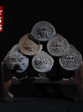 老瓦当雕花瓦片砖雕带花兽纹兽头图形明清老瓦茶桌摆件收藏老货